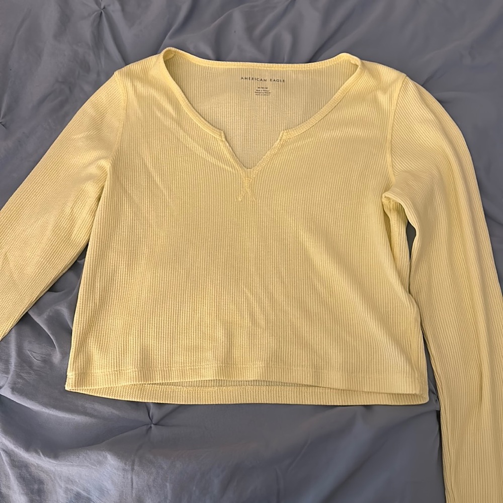 American Eagle, medium cropped neon yellow long sleeve v neck; worn once.